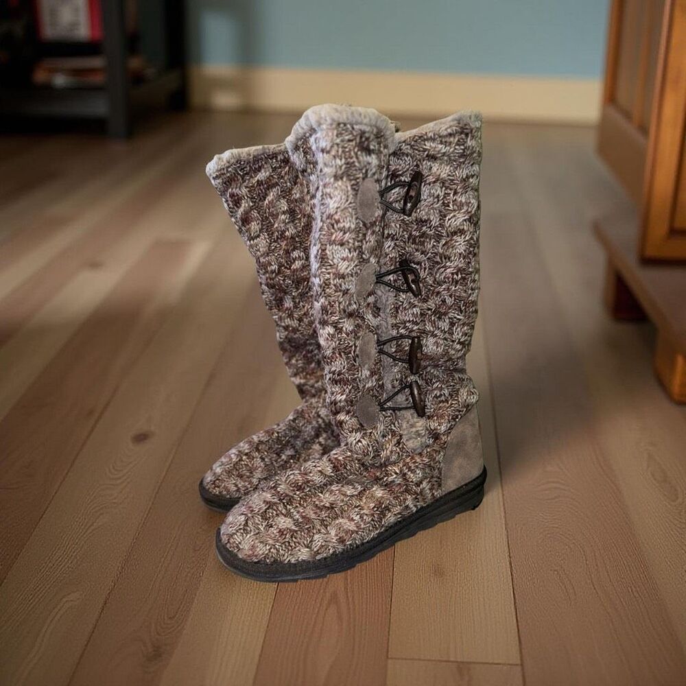MUK LUKS Felicity Women's Burgundy/Gray Cable Knit Tall Boots   Size 10